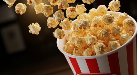 Close-up shot of a red and white striped popcorn bucket overflowing with freshly popped popcorn.