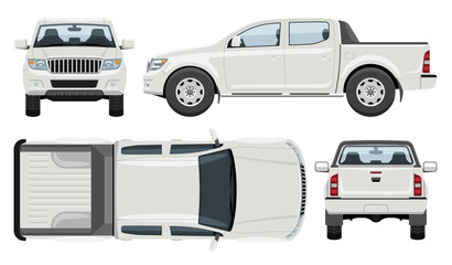 Fototapeta na wymiar White pickup truck vector template with simple colors without gradients and effects. View from side, front, back, and top