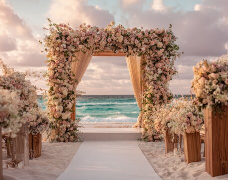 Beach wedding archway adorned with pastel floral arrangements - Powered by Adobe