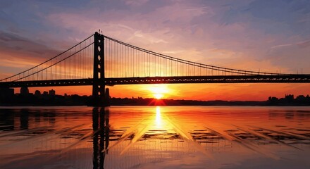 A majestic suspension bridge silhouetted against a vibrant sunrise, with the golden sun reflecting on the calm water below.