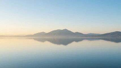 Fototapeta premium Calm Lake Reflection with Distant Mountains at Dawn