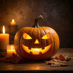 Fototapeta premium Glowing carved pumpkin with candles & autumn leaves on a rustic wooden surface, casting warm light in a spooky Halloween scene