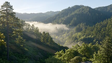 High-resolution 4K capture of pine forest immersed in early fog, taken with telephoto 70-200mm f2.8 lens, crisp detail with atmospheric tones