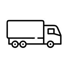 A simple line drawing of a box truck with three wheels and a cab with a window in black outline