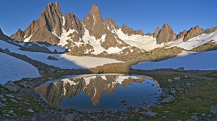 High-definition 4K shot of mountain lake reflection, captured with a mirrorless body and 50mm f1.8 lens, perfect balance of light and shadow