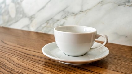 Obraz premium White ceramic cup with saucer placed on wood table against marble background simple elegant morning coffee break