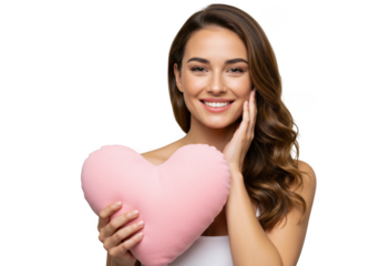 Smiling woman holding a pink heart pillow isolated on transparent background
