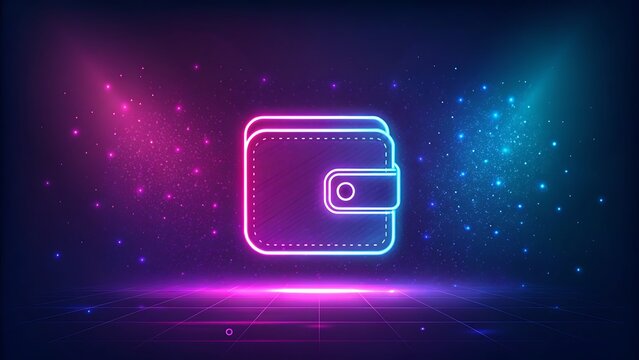 Neon Wallet Icon on a Futuristic Digital Grid with Cosmic Sparkles