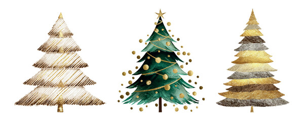 set of watercolor Christmas trees with gold strokes. Christmas trees with watercolor and gold paint. Christmas trees decorated with gold decor, balls and a star. Vector illustration.