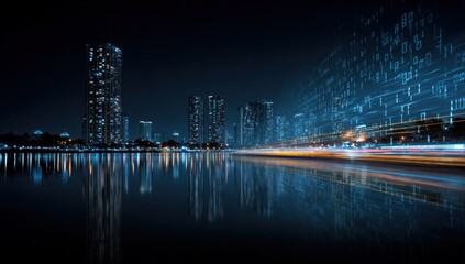 Night cityscape reflecting in water with digital code overlay