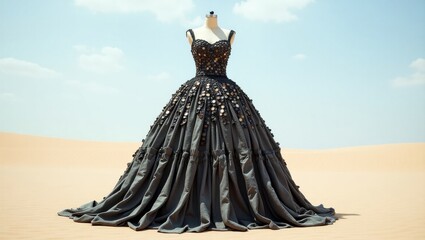 Elegant black ball gown with intricate floral embellishments on a mannequin