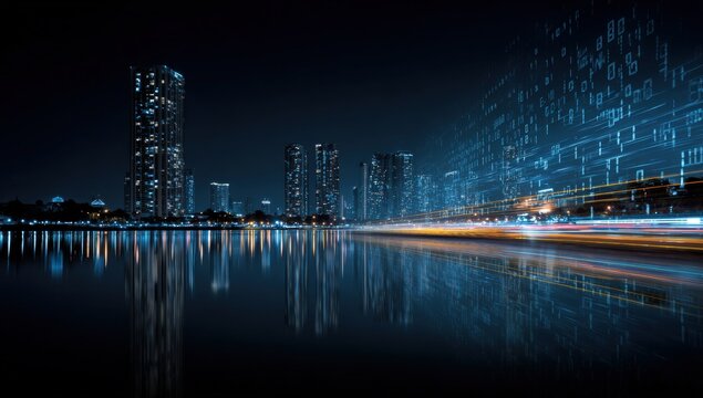 Night cityscape reflecting in water with digital code overlay