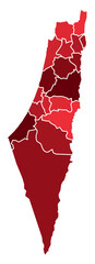 Palestine Maps with Red Monochrome Color for District Borders Asian Country