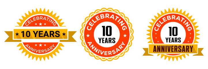 10 Years Anniversary Celebration Badges in Red and Gold Design