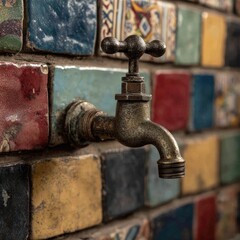 Antique faucet mounted on a colorful tiled wall