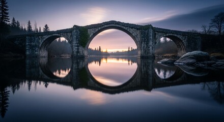 Ancient stone bridge reflecting in calm water at sunrise.