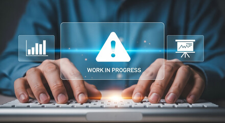 Progress Dynamics: A focused individual works on a project, hands poised over a keyboard, amidst digital interface elements representing progress, work in progress, and informational data.