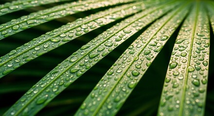Close-up of lush green palm fronds covered in glistening water droplets after a refreshing rain shower.