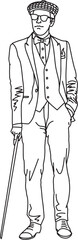 Art Vector lineart illustration showcasing a refined man in tuxedo and staff, hand-drawn elegance