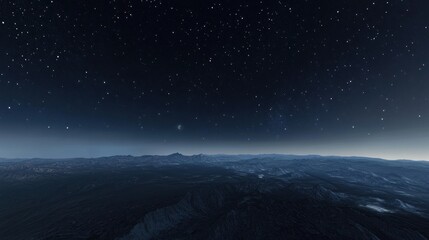 A vast, star-studded expanse above a dark, mountainous landscape unfolds in a serene, celestial vista.