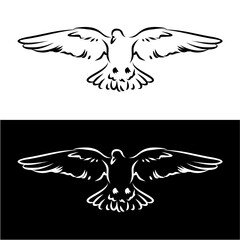 Stylized vector line art of a flying dove with spread wings, a graceful symbol of peace, hope, and freedom in black and white illustration set