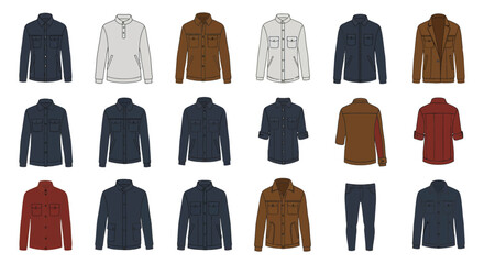 Collection of various jackets and pants in different colors and styles