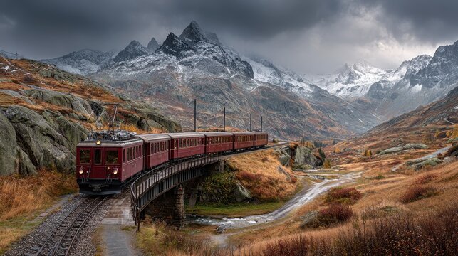 Vintage train crossing bridge in snowy mountains autumn landscape - Powered by Adobe