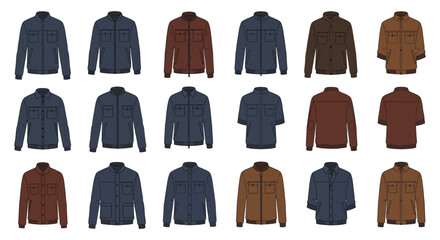 Collection of various jackets in different colors and styles on white background