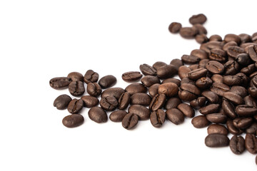 Pile of Roasted coffee beans isolated on white background.