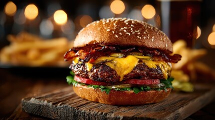 Juicy Bacon Cheeseburger with Fries on Rustic Wood