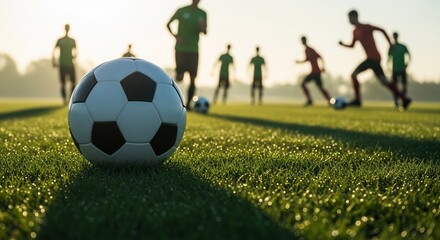 Soccer players training on a sunny field.