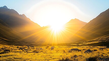 Golden sunrise over foggy mountain valley taken with a mirrorless camera using 24-70mm f2.8 lens, focus on mist rolling through valleys, warm natural light illuminating ridge lines