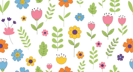 WebAdobe illustrator artwork vector illustration. A vibrant, seamless pattern with colorful, whimsical flowers and foliage, perfect for fabric, wallpaper, and digital designs