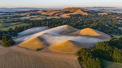 Golden sunrise over foggy mountain valley taken with a mirrorless camera using 24-70mm f2.8 lens, focus on mist rolling through valleys, warm natural light illuminating ridge lines