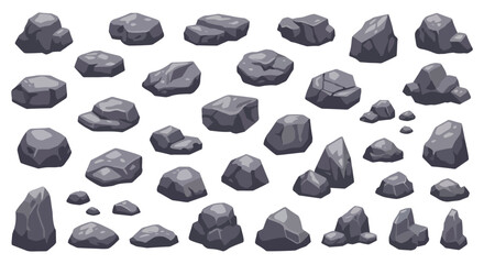 A collection of various gray rocks and stones on a white background