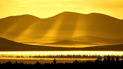 Golden tones illuminating a misty mountain valley at sunrise, taken in 4K with a mirrorless body and 24-70mm f2.8 lens, soft atmospheric haze with balanced sharpness and natural contrast