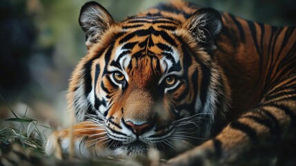 Fototapeta premium A tiger in a forest setting, with a blurred background.