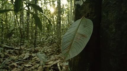 Golden rays filtering through jungle trees, captured in sharp 4K with a 24mm f1.4 lens, cinematic light scattering across green leaves
