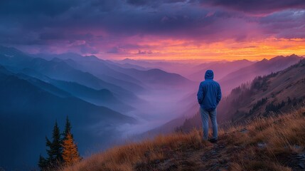 Majestic Sunset View Man on Mountaintop Solo Hike Dramatic Landscape