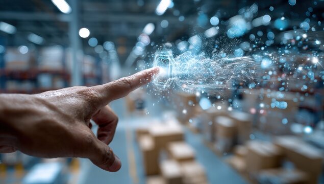 Hand touching a digital interface in a warehouse
