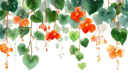Watercolor illustration of hanging, vibrant flowers and foliage