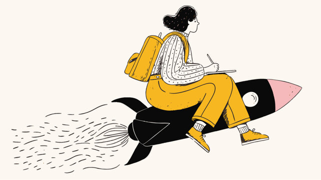 Creative back to school illustration &mdash; student with backpack riding rocket as education and future success concept