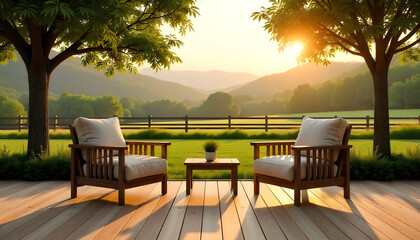 Obraz premium Relaxing patio with chairs overlooking a sun-drenched valley