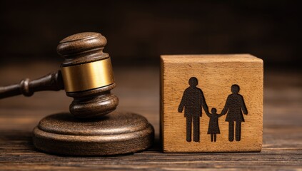 Wooden gavel and family silhouette block on a dark wooden surface
