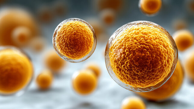 Microbial yeast cells in orange detail against a blurred background  
