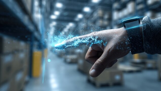 A hand interacts with a digital projection in a warehouse