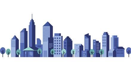 City skyline with tall buildings and trees in a simple graphic illustration style