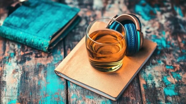 A glass of amber liquid rests on a notebook, alongside a pair of headphones and a teal-colored journal