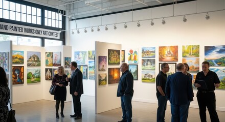 Art Contest Exhibition: Patrons Admire Hand-Painted Works in a Bright Gallery Space