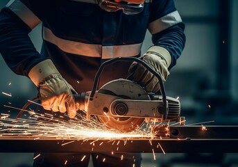 Metalworker Cutting with Circular Saw – Sparks Flying in Industrial Workshop